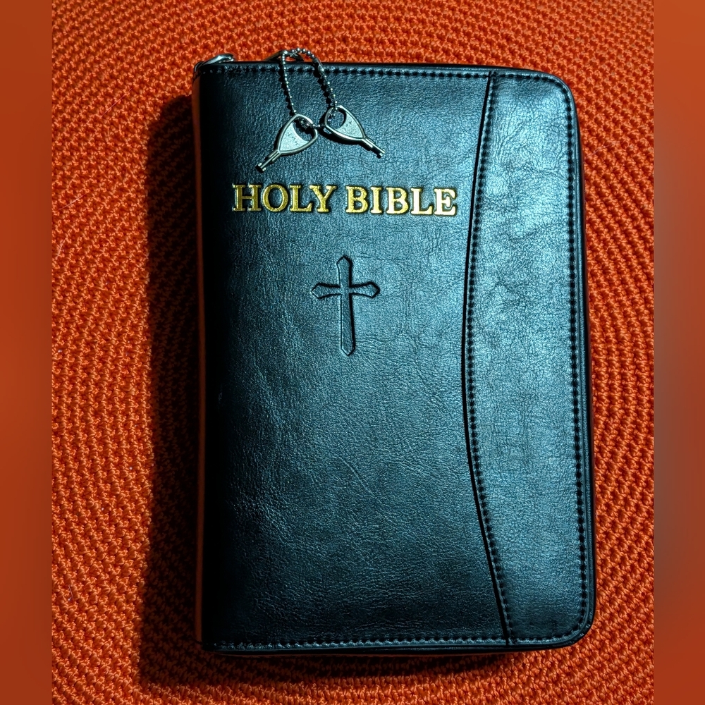 Black Faux Leather Holy Bible Cover Organizer with Cross